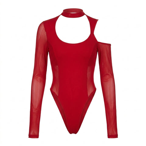 Cyber Goth Crimson Cut-Out Mesh Bodysuit