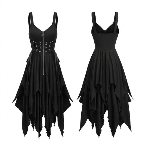 Goth Midnight Handkerchief Hem Dress with Grommet Corset Band