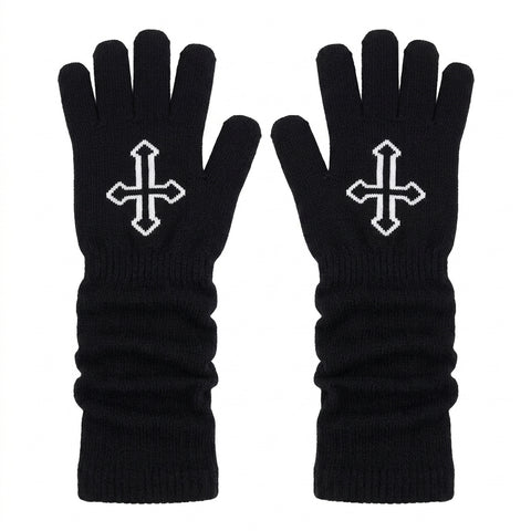 Goth Cross Knit Fingerless Arm Warmer Gloves