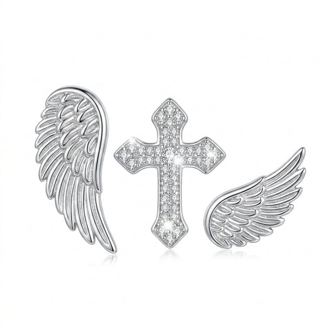 Mall Goth Fallen Angel Wing & Crystal Cross Earring Set