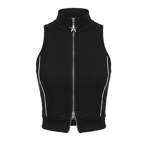 Cyber Goth Double-Zip Ribbed Crop Top
