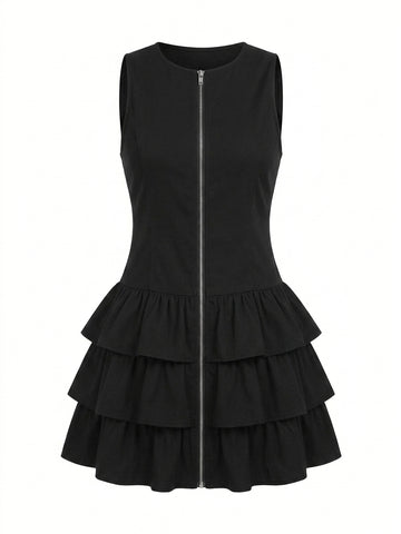 Goth Zipper Tiered Mini Dress in Midnight Black