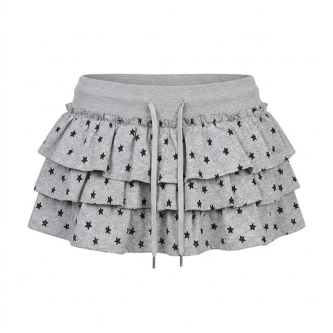 Mall Goth Star Print Layered Ruffle Mini Skirt