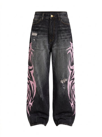 Goth Tribal Flame Wide-Leg Trousers in Washed Black & Pink