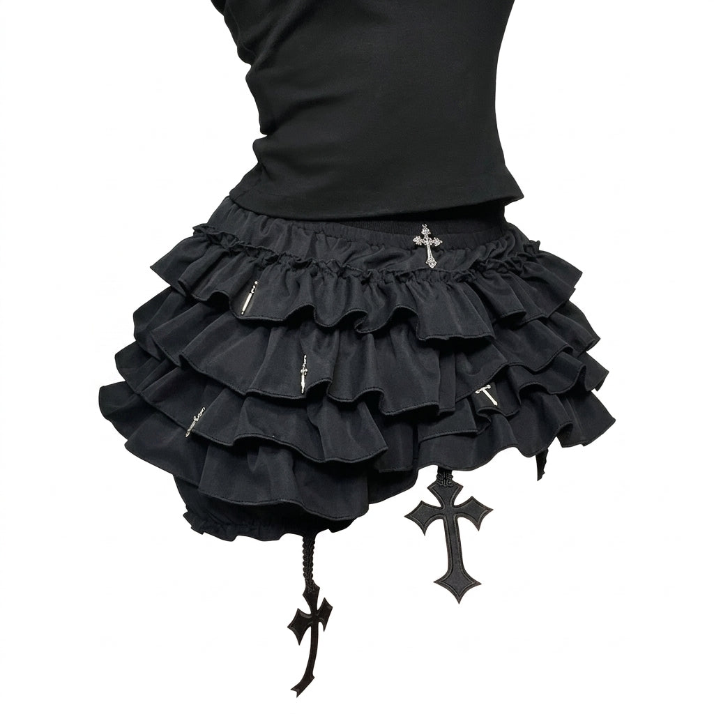 Goth Cross Pendant Tiered Ruffle Mini Dress
