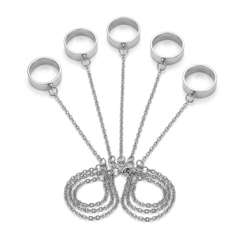 Goth Silver Chain Hand Harness Ring Set