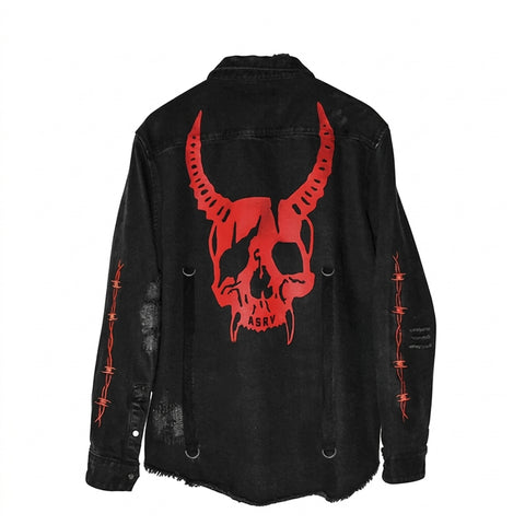 Goth Horned Skull Distressed Denim Coat