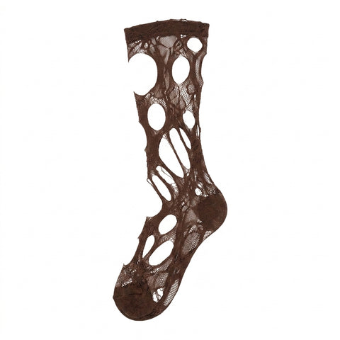 Goth Torn Web Lace Sock in Mocha Brown