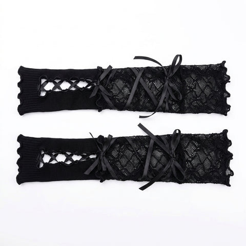 Goth Ribbon Lace-Up Mesh Fingerless Arm Gloves