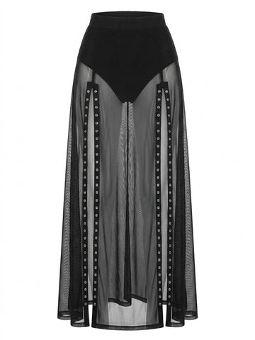 Goth Rivet Mesh Double-Split Maxi Skirt