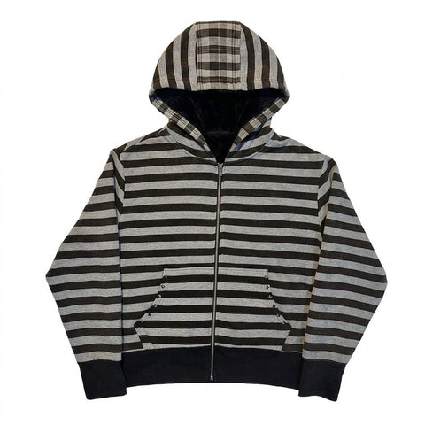 Goth Faux Fur Hood Striped Zip-Up Tshirt