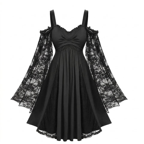 Goth Cold Shoulder Lace Sleeve Chain Heart Dress