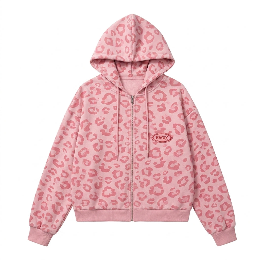 Pastel Goth Pink Leopard Zip-Up Oversized Cardigan