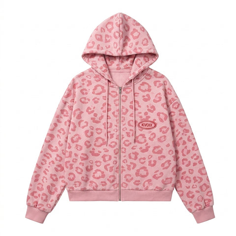 Pastel Goth Pink Leopard Zip-Up Oversized Cardigan