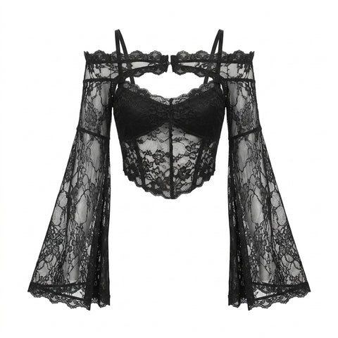 Goth Floral Lace Bell Sleeve Off-Shoulder Crop Shirt
