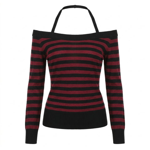 Goth Blood Stripe Off-Shoulder Knit Top