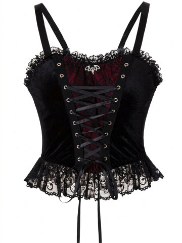 Victorian Goth Crimson Bat Lace-Up Corset Top