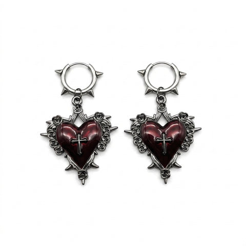 Goth Sacred Thorn Heart Cross Drop Earring