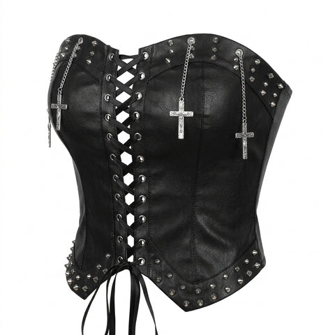 Goth Studded Lace-Up Faux Leather Corset Top