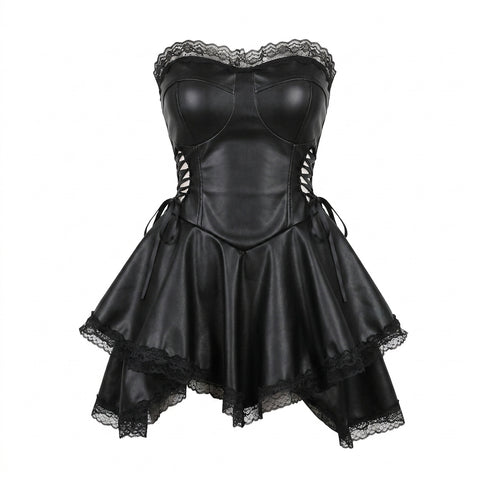 Goth Corset Lace-Up Faux Leather Mini Dress
