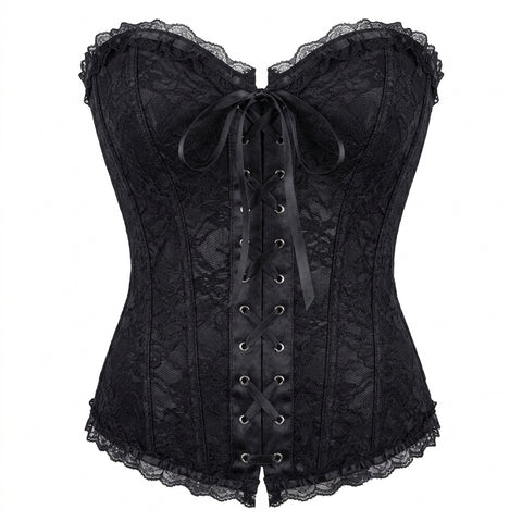 Goth Corset-Laced Elbow Ring Gloves in Black Lace