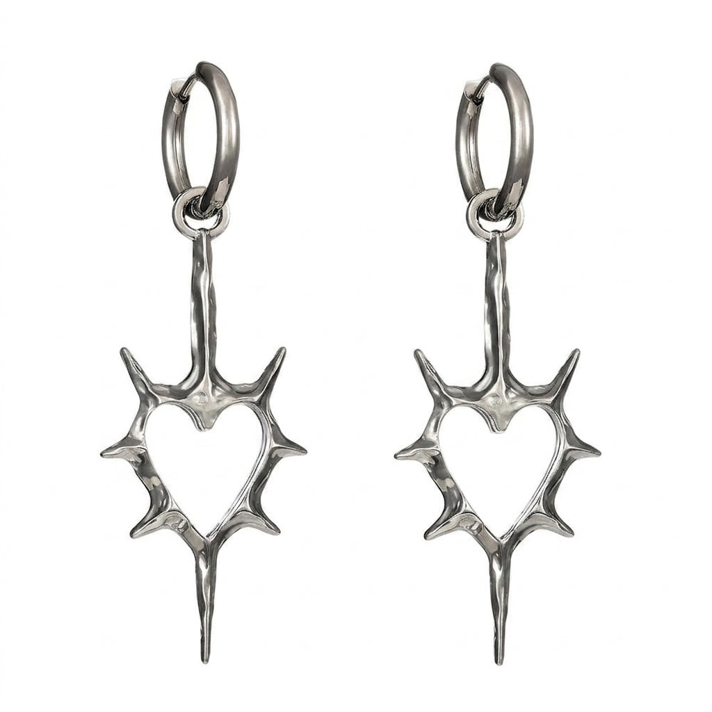 Goth Thorned Heart Drop Earring — Spiked Silver Hoop Charm