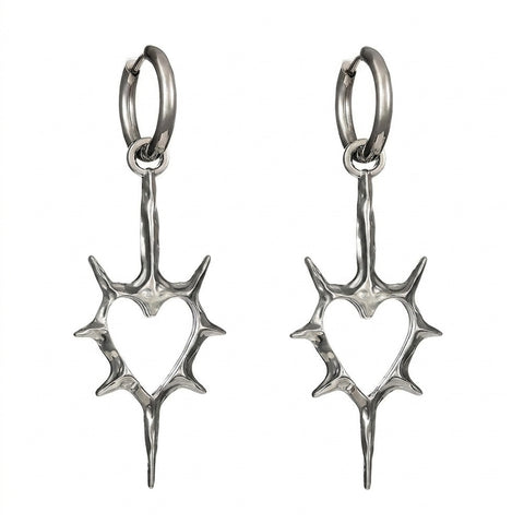 Goth Thorned Heart Drop Earring — Spiked Silver Hoop Charm