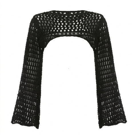 Goth Open-Weave Cropped Mesh Blouse with Flared Sleeves