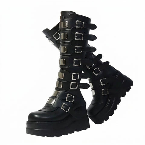 Goth Seven-Buckle Platform Knee Boot