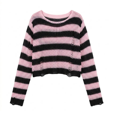Pastel Goth Hollow Stripe Distressed Knit Sweater