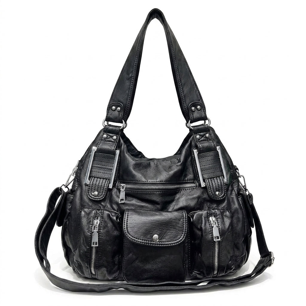 Goth Worn-Black Multi-Pocket Slouch Bag