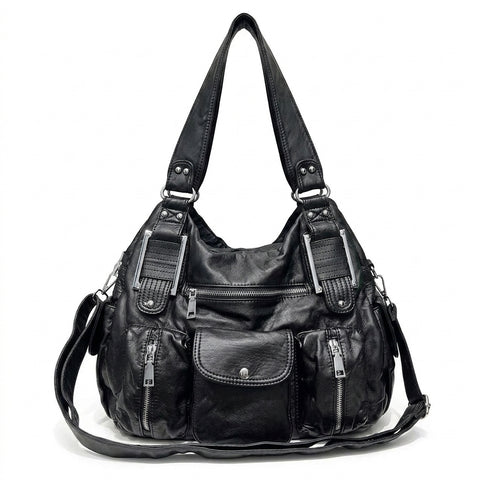 Goth Worn-Black Multi-Pocket Slouch Bag