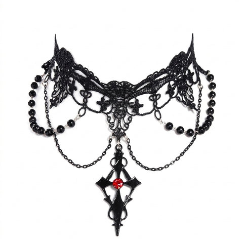 Victorian Goth Crimson Requiem Lace & Chain Necklace