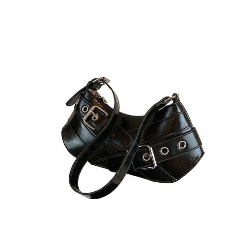 Goth Buckle Strap Baguette Bag in Glossy Black