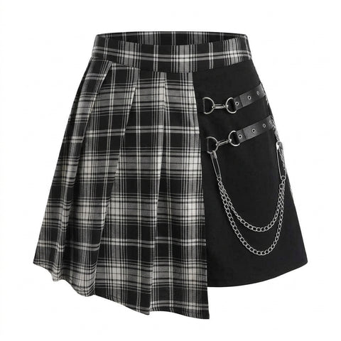 Goth Split-Panel Plaid Pleated Mini Skirt