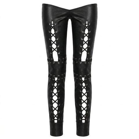 Goth Lace-Up Faux Leather Pants with Eyelet Cut-Out Detail