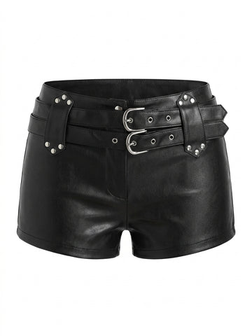 Cyber Goth Double Buckle PU Leather Micro Shorts