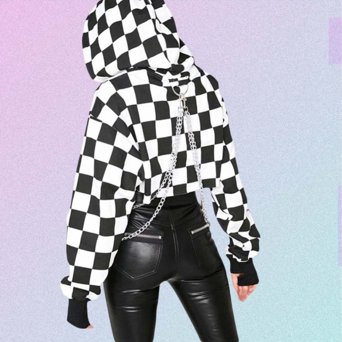 CHECKERED GRID CROPPED CHAINED HOODIE 2
