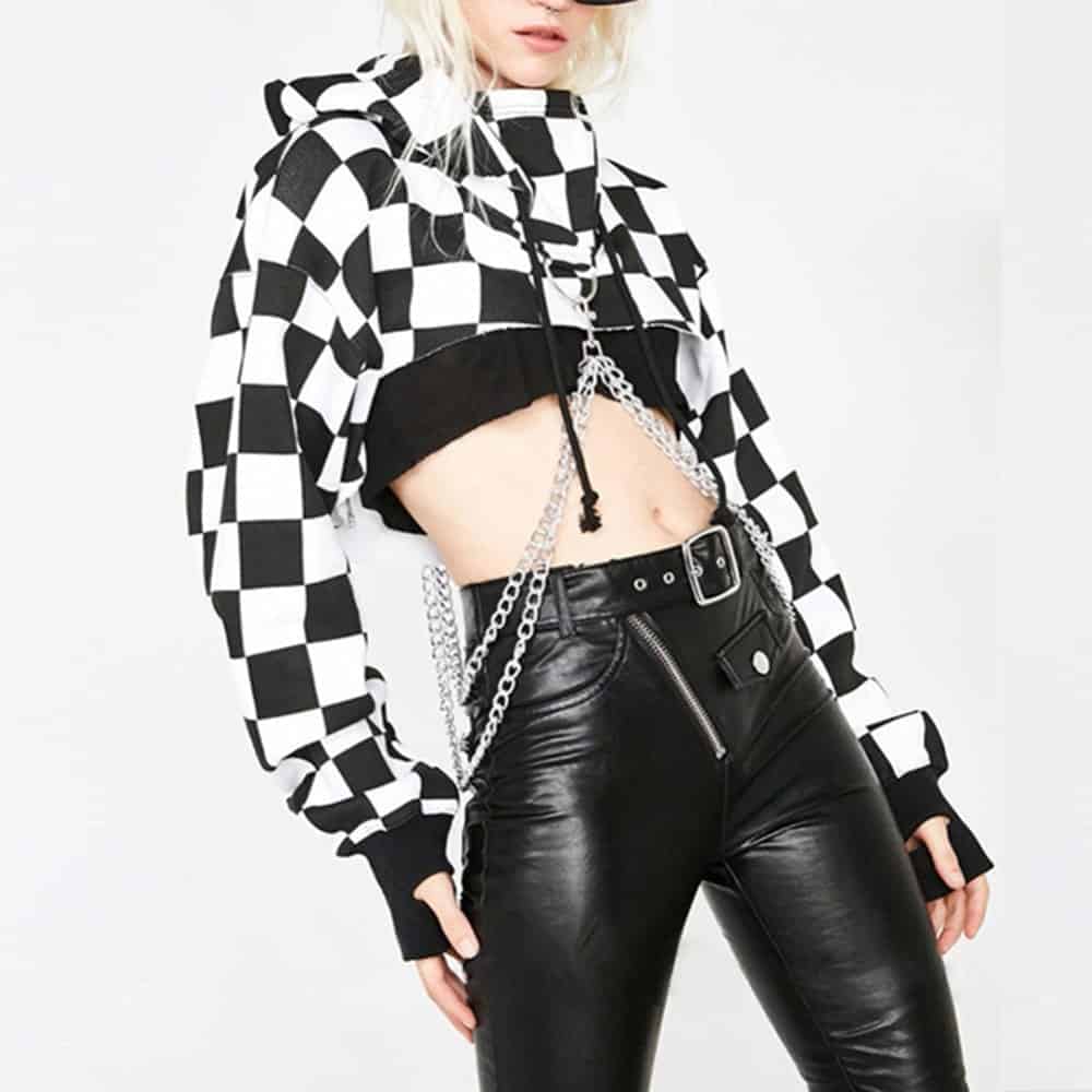 CHECKERED GRID CROPPED CHAINED HOODIE