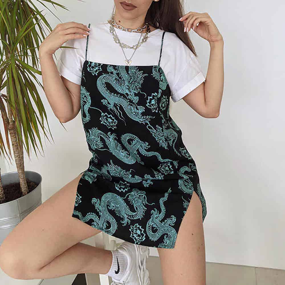 CHINESE DRAGON PRINT OPEN SHOULDERS DRESS