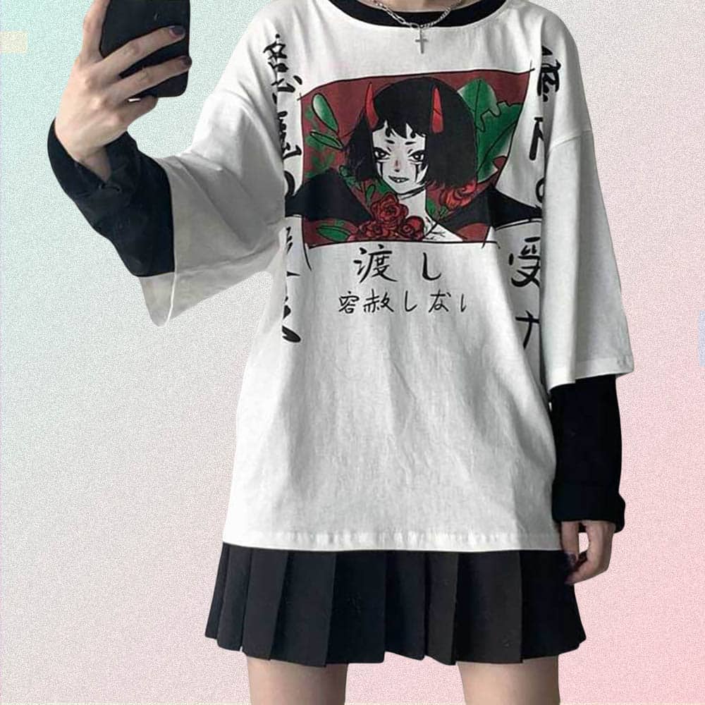JAPAN STYLE ANIME PRINT 2in1 LONG SLEEVE LOOSE T-SHIRT | Goth Aesthetic Shop