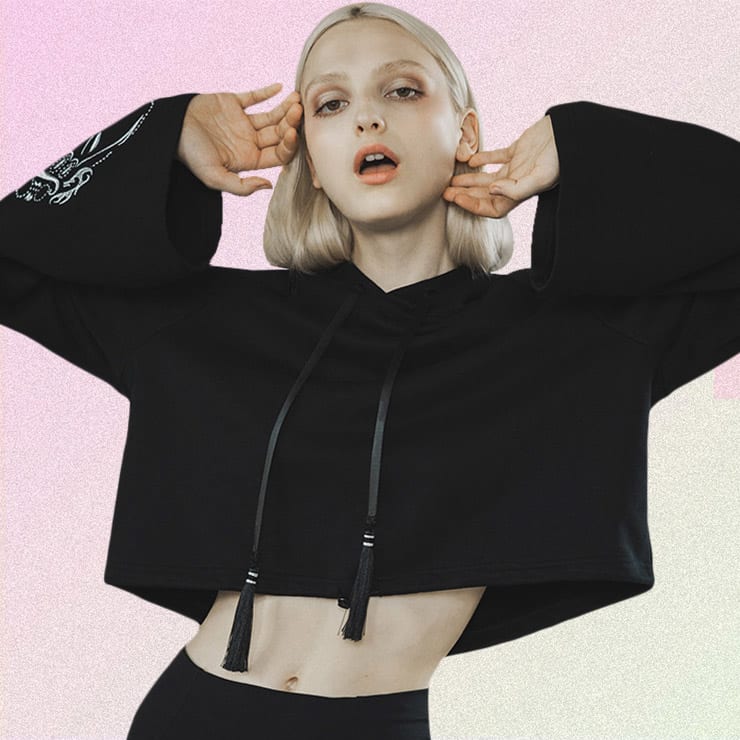 BLACK EMBROIDERED CROPPED HOODIE