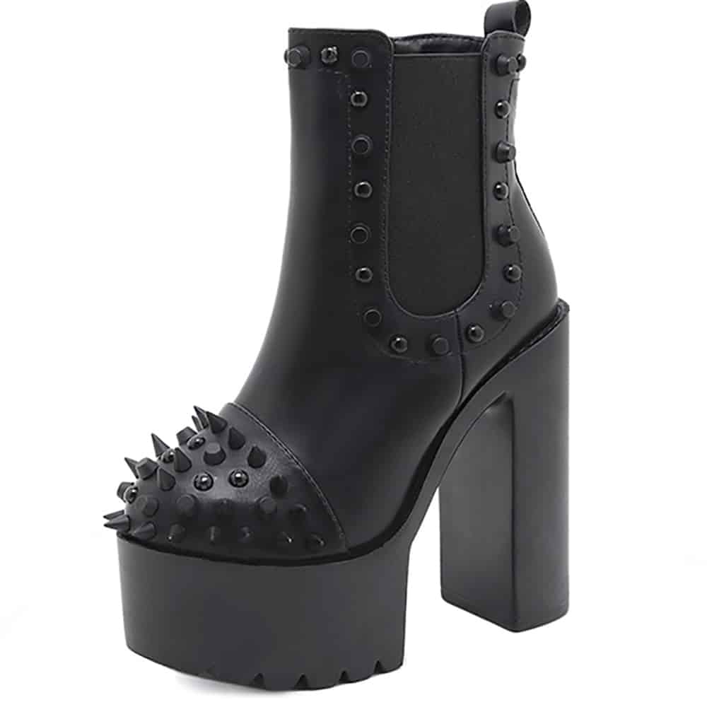 BLACK HIGH HEEL STUDS & SPIKES ANKLE BOOTS