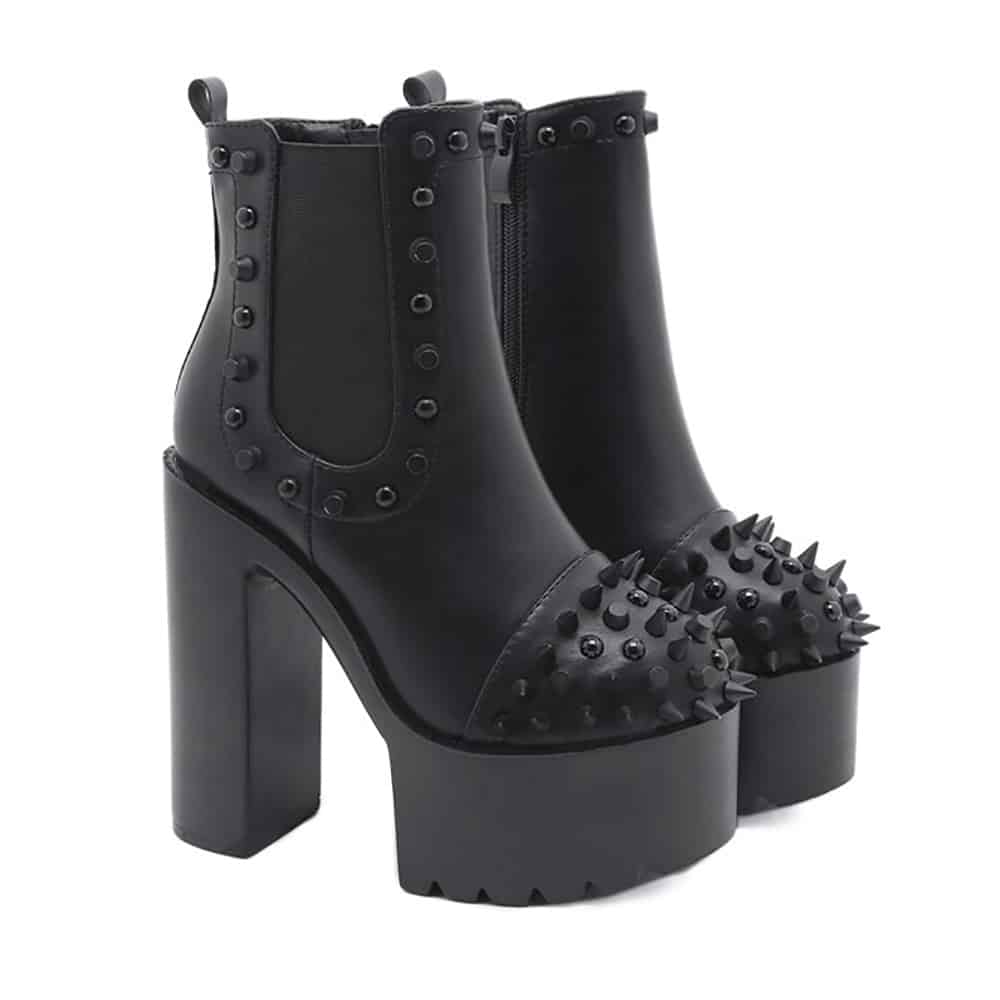 BLACK HIGH HEEL STUDS & SPIKES ANKLE BOOTS