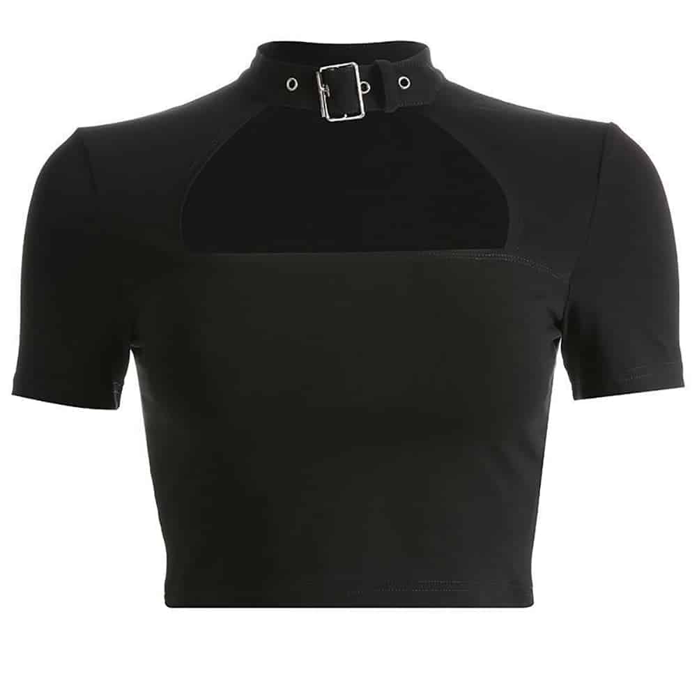BLACK HOLLOW OUT BELT COLLAR CROPPED TOP
