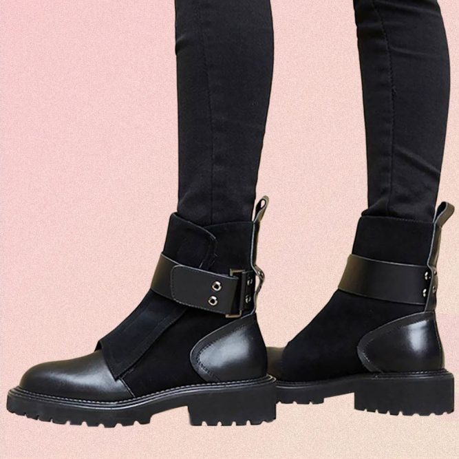 BLACK LEATHER METAL BUCKLE FLAT ANKLE BOOTS