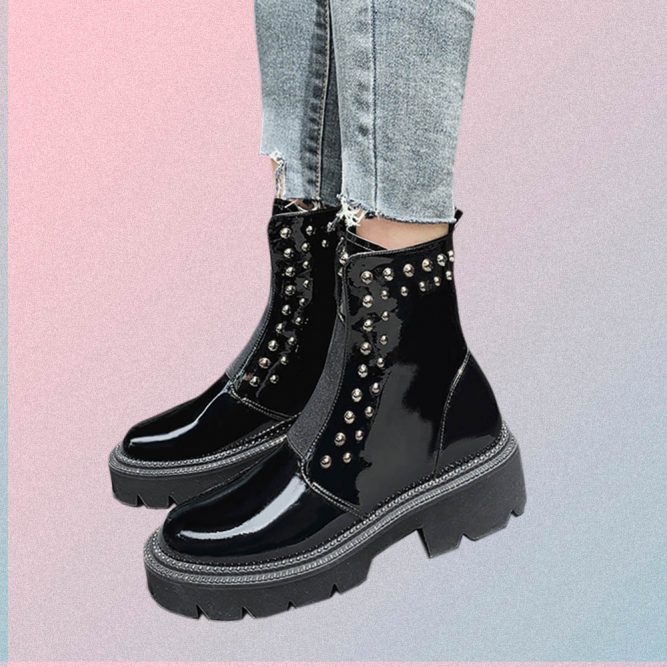 BLACK PATENT LEATHER METALLIC STUDS HIGH ANKLE BOOTS