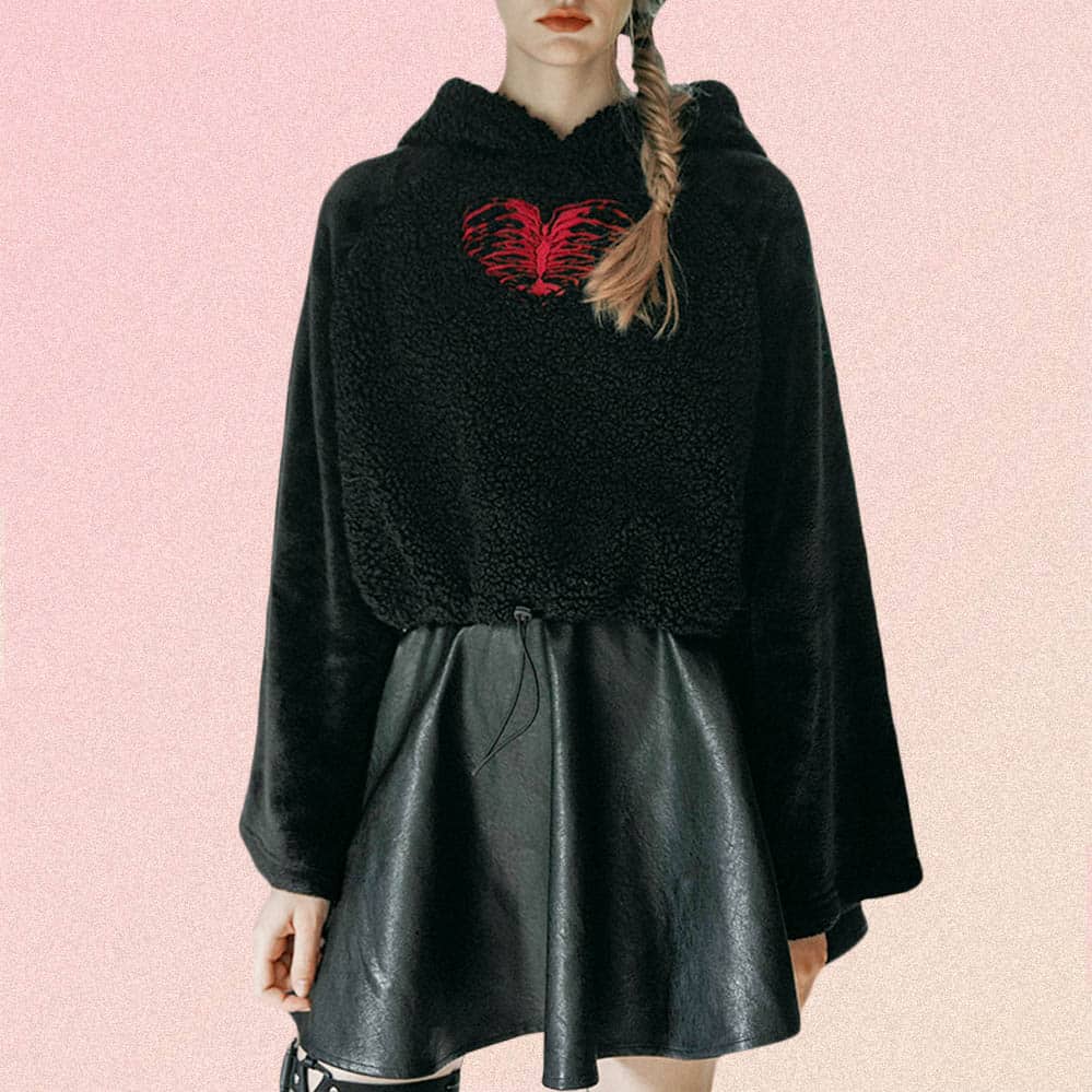 BLACK WITH SOFT HEART EMBROIDERY HOODIE