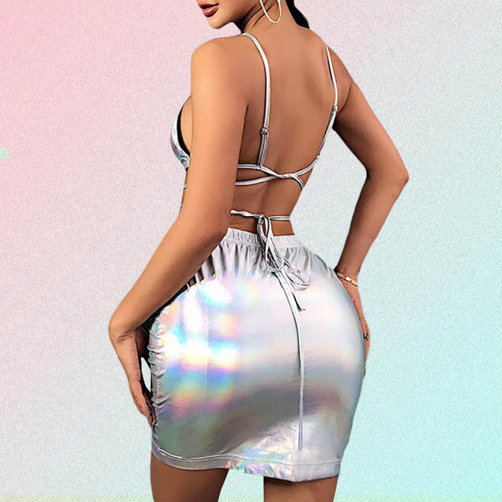 2 IN 1 LASER HOLOGRAPHIC TOP & STRETCHY HIGH WAIST SKIRT