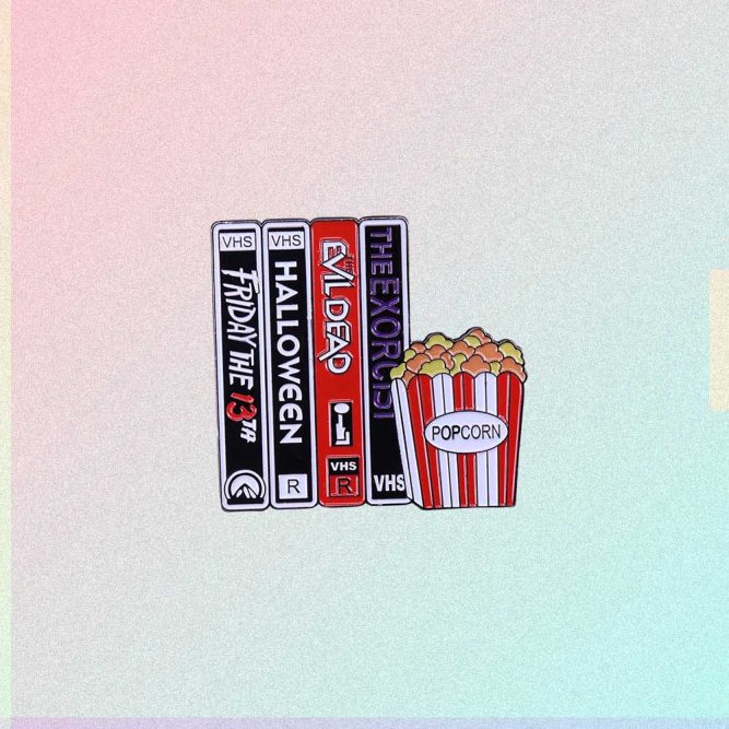 SCARY MOVIES VIDEO TAPES & POPCORN ENAMELED PIN